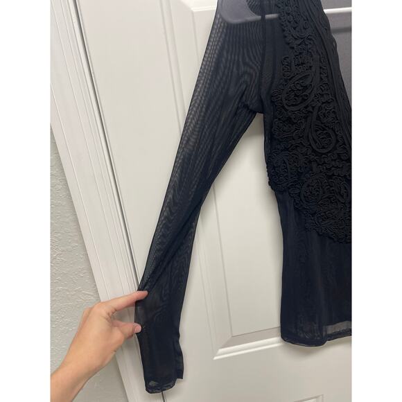 Whimsy goth grunge mesh long sleeve v-neck embroidered chest black XS - Picture 3 of 4